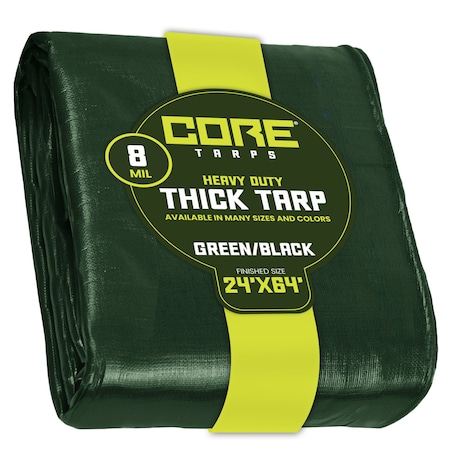 Core Tarps Heavy Duty Tarp, 64 ft L x 0.5 mm H x 24 ft W, 8 Mil, Green/Black, Polyethylene CT-403-24X64